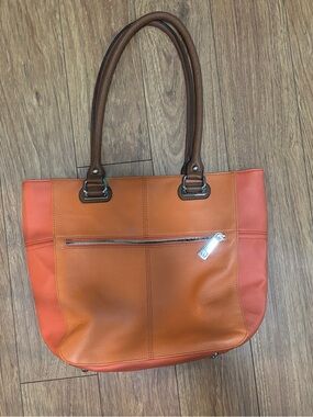 Tignanello Two-Tone Orange and Brown Leather Shoulder Tote